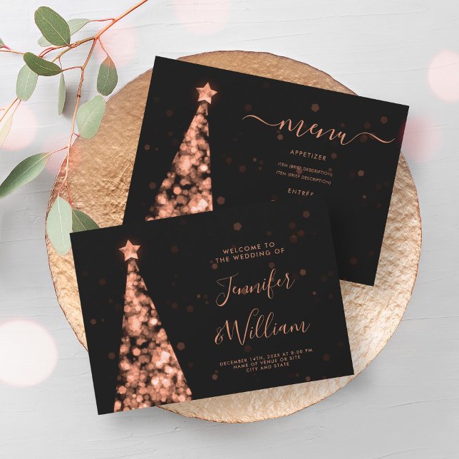 Festive Xmas Tree Rose Gold Wedding Menu  Invitation (Festive Xmas Tree Rose Gold Wedding Menu Invitation)