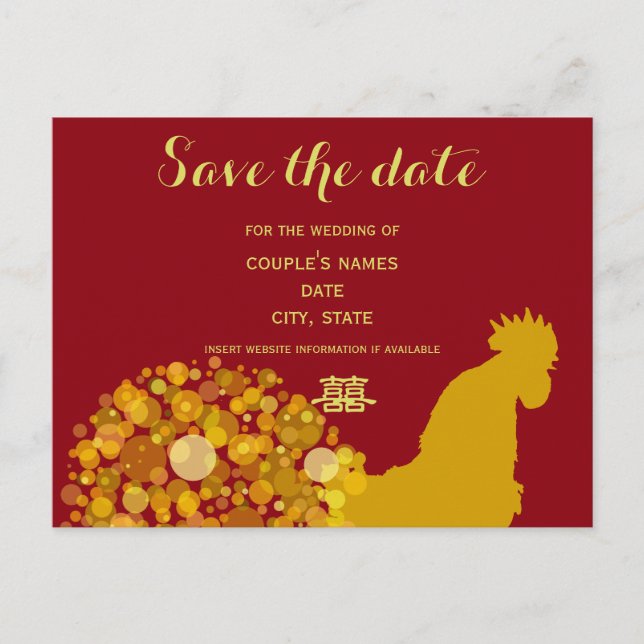 Festive Year Of Rooster Gold Red Chinese Wedding Announcement Postcard (Front)