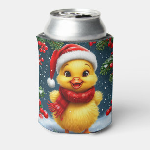 Festive Yellow Duckling in Santa Hat Can Cooler