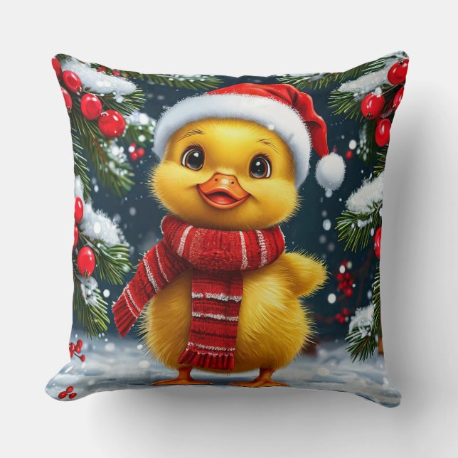 Festive Yellow Duckling in Santa Hat Cushion (Front)