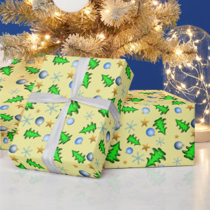 Festive yellow holiday with Christmas symbols  Wra Wrapping Paper