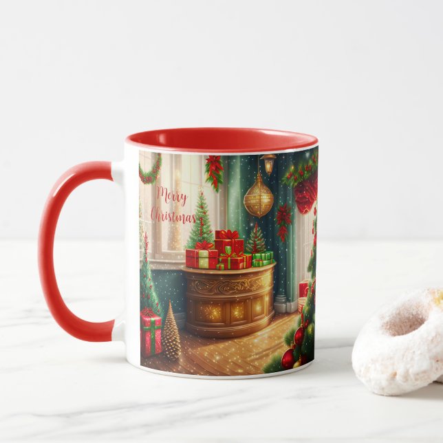 Festively decorated room, traditional Christmas  Mug (With Donut)