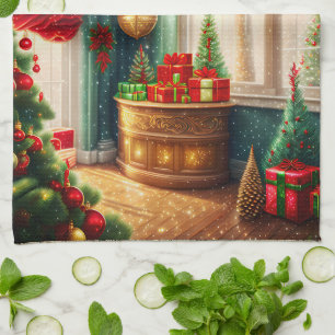 Festively decorated room, traditional Christmas Tea Towel