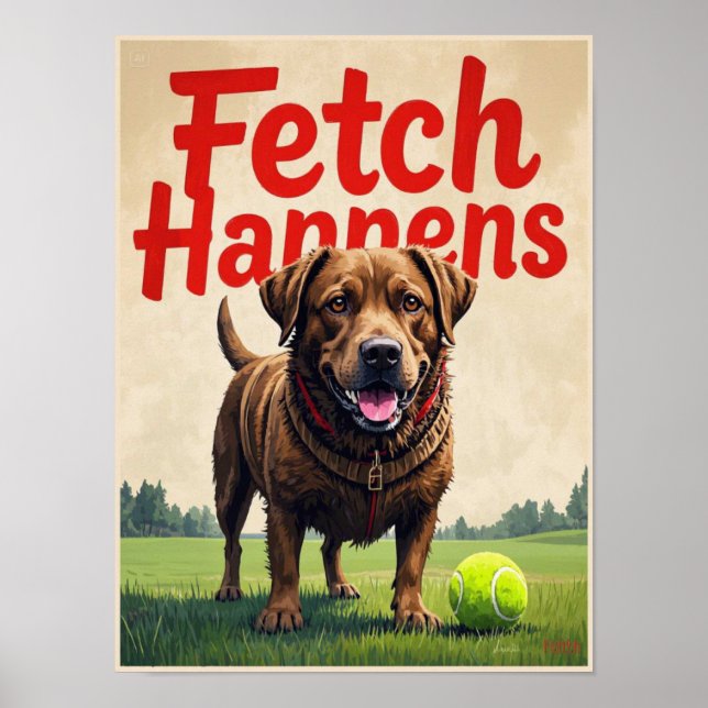 Fetch Happens Humourous dog poster muddy Labrador  (Front)