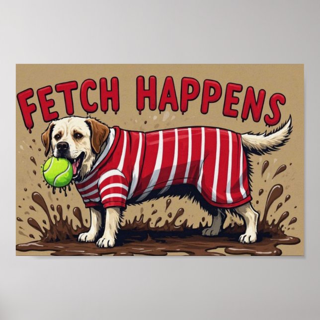 Fetch Happens Humourous poster muddy Labrador dog  (Front)