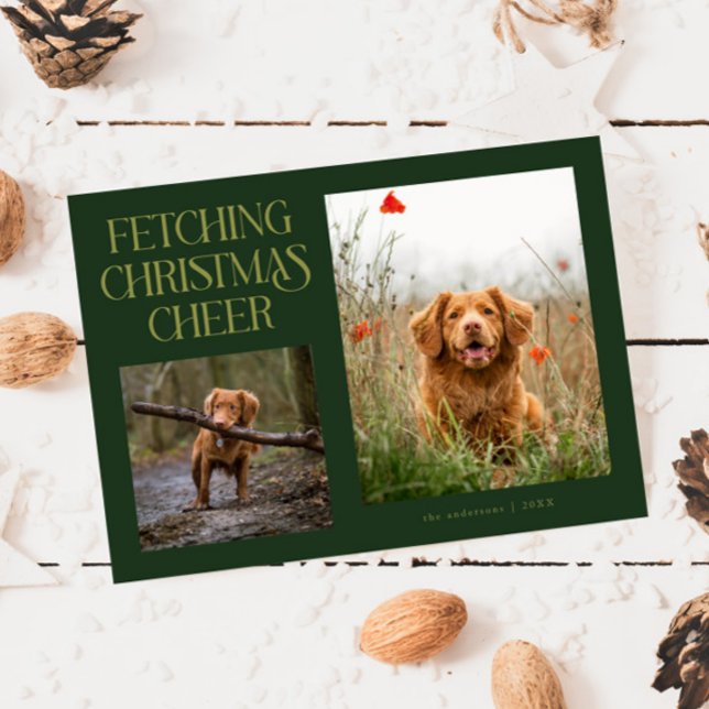 Fetching Christmas Cheer Green Dog Photo  Holiday Card (Creator Uploaded)