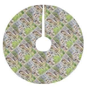Fethiye Ancient Lycian Tombs Watercolor Brushed Polyester Tree Skirt