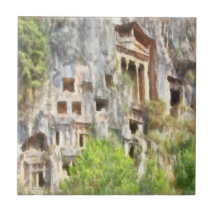 Fethiye Ancient Lycian Tombs Watercolor Ceramic Tile