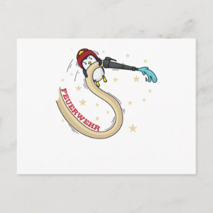 Feuerwehr Pinguin mit Schlauch und Feuerwehrhelm Postcard