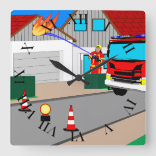 Feuerwehrmann löscht Garagenbrand Quadratische Wan Square Wall Clock