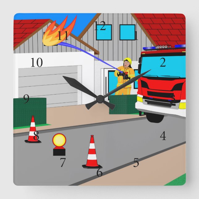 Feuerwehrmann löscht Garagenbrand Quadratische Wan Square Wall Clock (Front)
