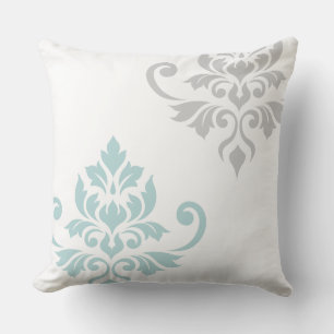 Feuille Damask Art I Duck Egg Blue & Grey on White Cushion