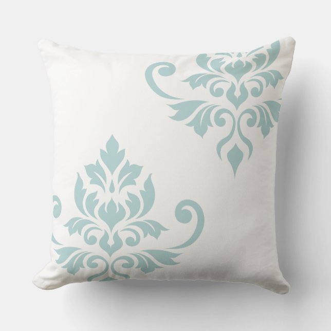 Feuille Damask Art I Duck Egg Blue on White Cushion (Front)