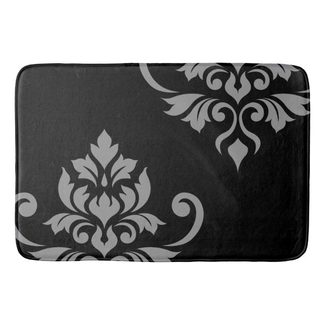 Feuille Damask Art I Grey on Black Bath Mat (Front)
