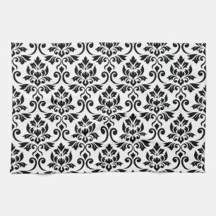 Feuille Damask Big Pattern Black on White Tea Towel