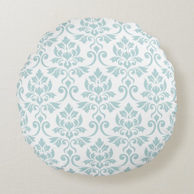 Feuille Damask Big Pattern Duck Egg Blue on White Round Cushion (Front)