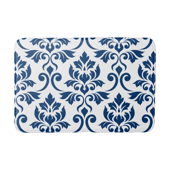 Feuille Damask Lg Pattern Dark Blue on White Bath Mat (Front)