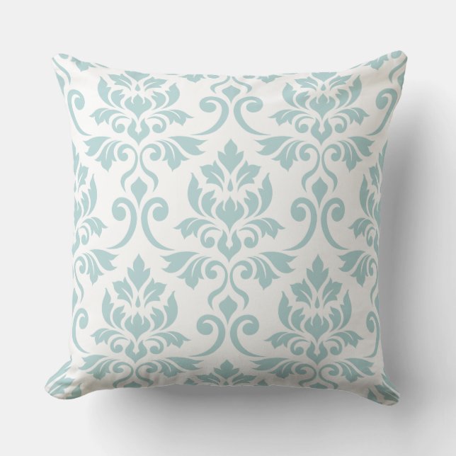 Feuille Damask Lg Pattern Duck Egg Blue on White Cushion (Front)