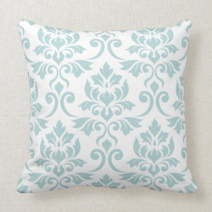 Feuille Damask Lg Pattern Duck Egg Blue on White Cushion