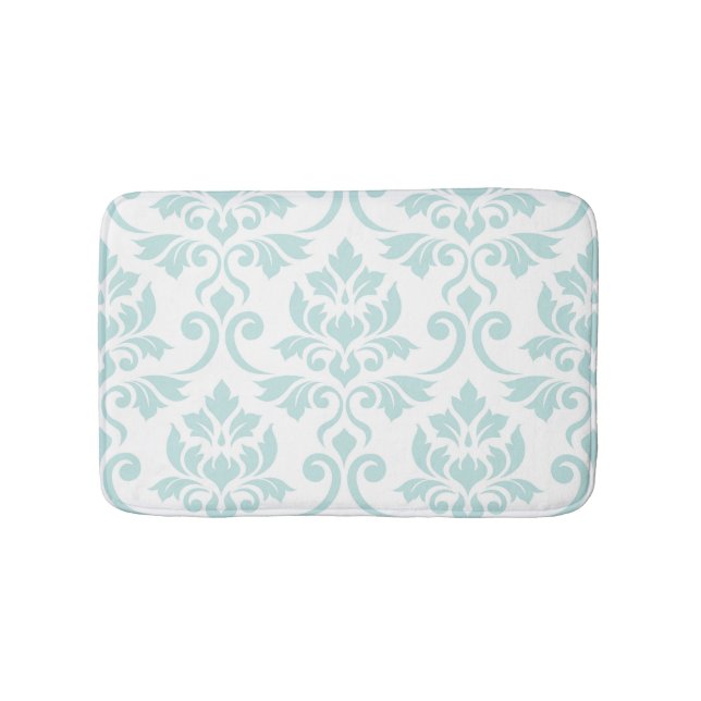 Feuille Damask Lg Pattern Light Teal on White Bath Mat (Front)