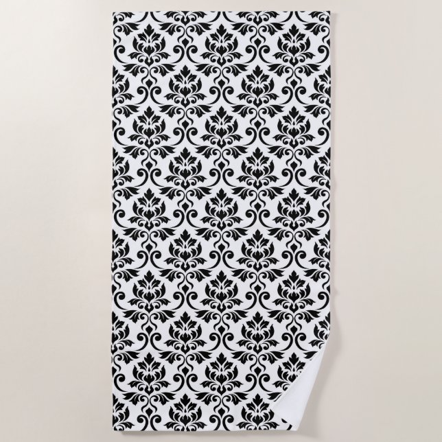 Feuille Damask Pattern Black on White Beach Towel (Front)