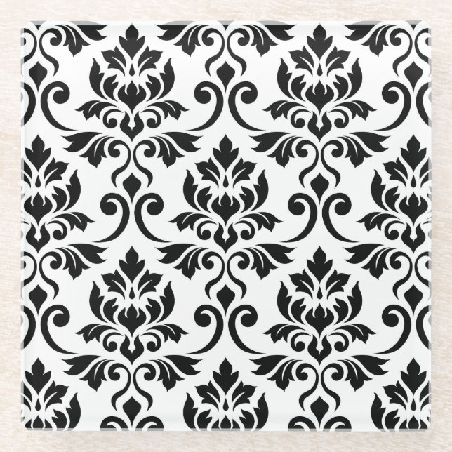 Feuille Damask Pattern Black on White Glass Coaster (Front)