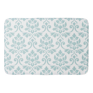 Feuille Damask Pattern Duck Egg Blue on White Bath Mat