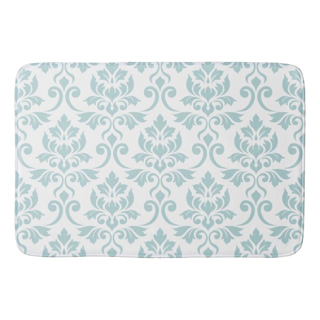 Feuille Damask Pattern Duck Egg Blue on White Bath Mat (Front)