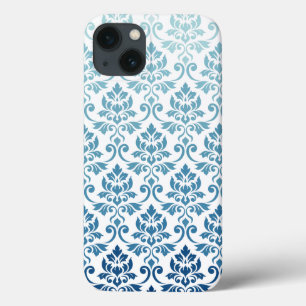 Feuille Damask Pattern Gradient Dk Blue-Teal on Wt iPhone 13 Case