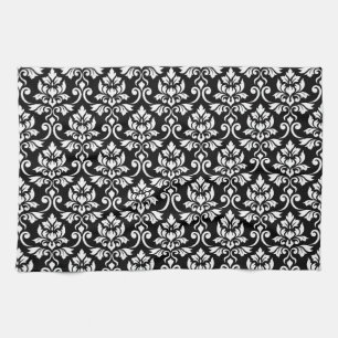 Feuille Damask Pattern White on Black Tea Towel