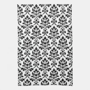 Feuille Damask (v) Pattern Black on White Tea Towel