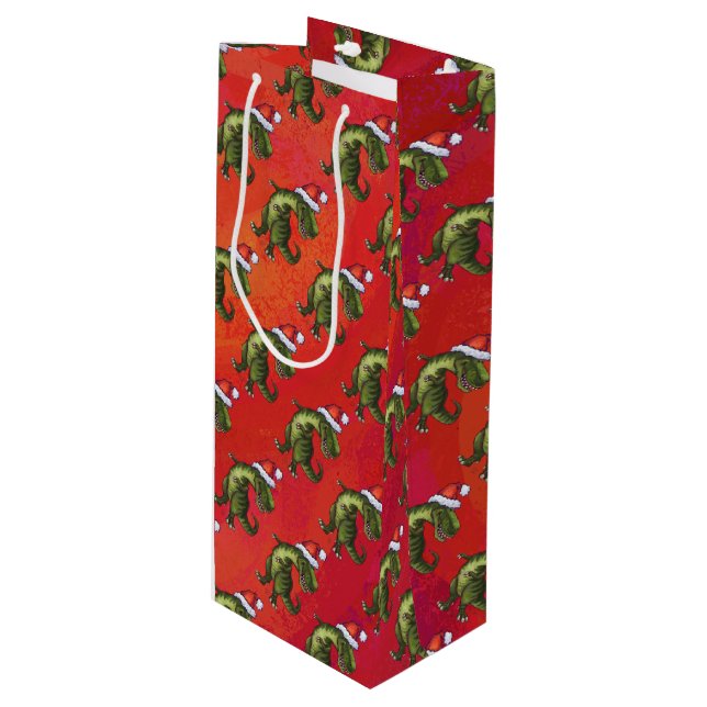 Fextive TRex Dino Pattern on Red Wine Gift Bag (Front Angled)