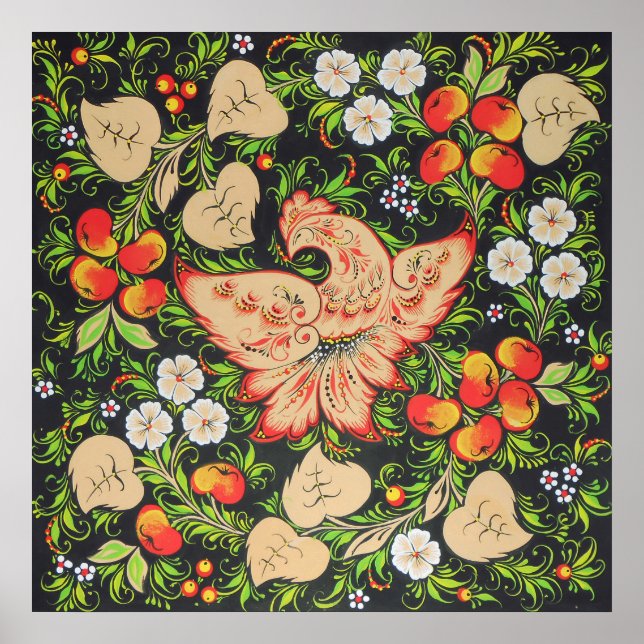 Fhoenix firebird art in Russian folk art khokhloma Poster (Front)