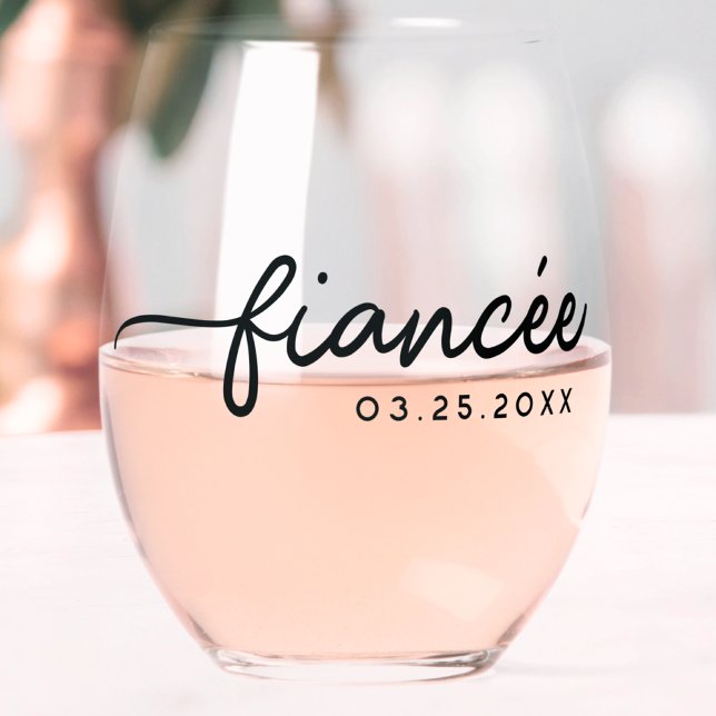 Fiancée Elegant Typography Custom Engagement Gift Stemless Wine Glass (Creator Uploaded)