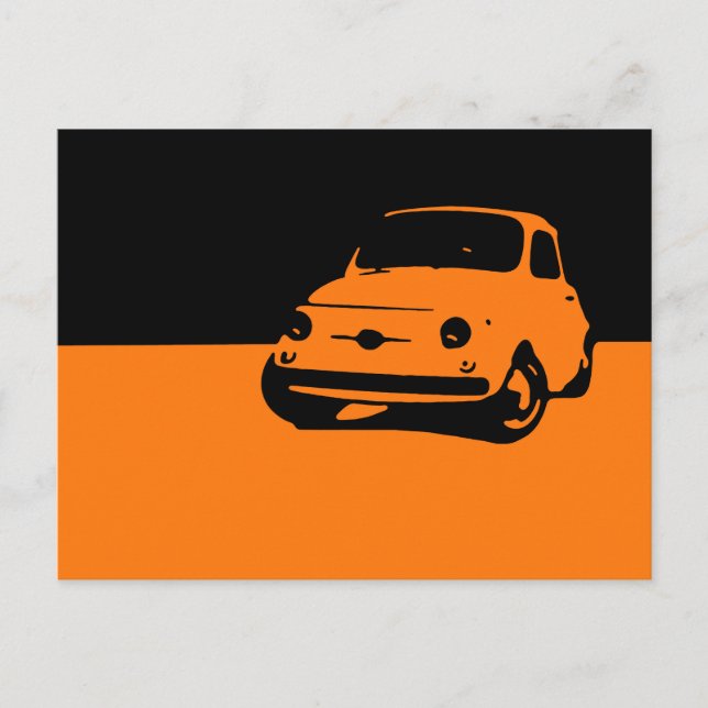 Fiat 500, 1959 - Orange on dark postcard (Front)