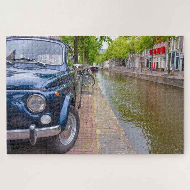 Fiat 500 car on canal, Amsterdam Jigsaw Puzzle (Horizontal)