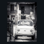 Fiat 500, Cinquecento, in Italy Poster<br><div class="desc">A classic black and white shot of a Fiat 500,  cinquecento,  taken in central Italy. An iconic classic retro design. Fiat 500, Fiat, 500, Cinquecento, Rome, Italy, Car, Classic, Black and White</div>