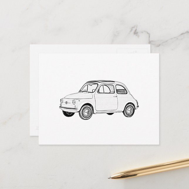 Fiat 500 Topolino Black and White Pencil Drawing Postcard (Front/Back In Situ)