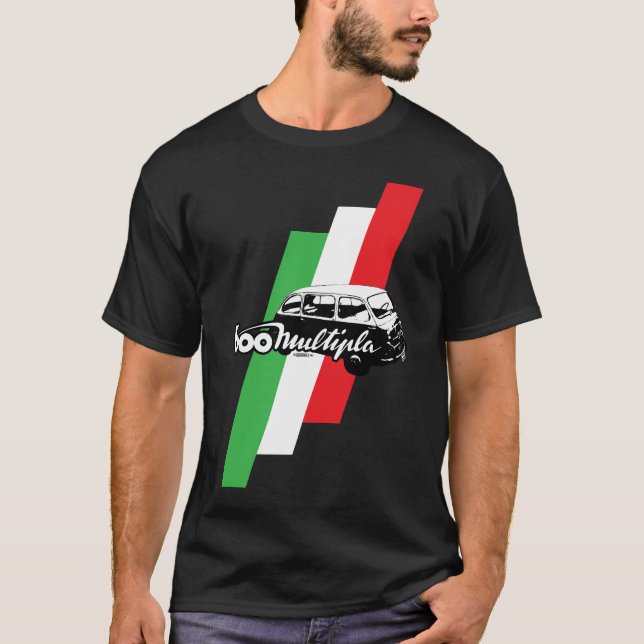 Fiat 600 Multipla script, illustration and flag T-Shirt (Front)