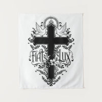 Fiat Lux – Ornate Cross with Doves & Floral Motif