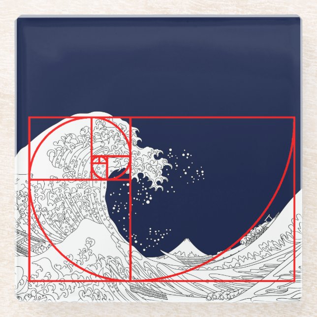 Fibonacci Sequence and The Great Wave Glass Coaster (Front)