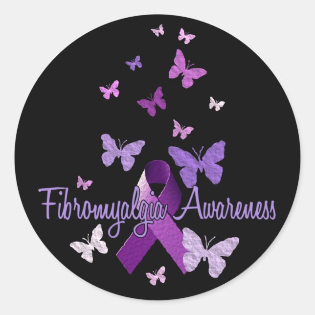Fibromyalgia Awareness (ribbon & butterflies) Classic Round Sticker (Front)