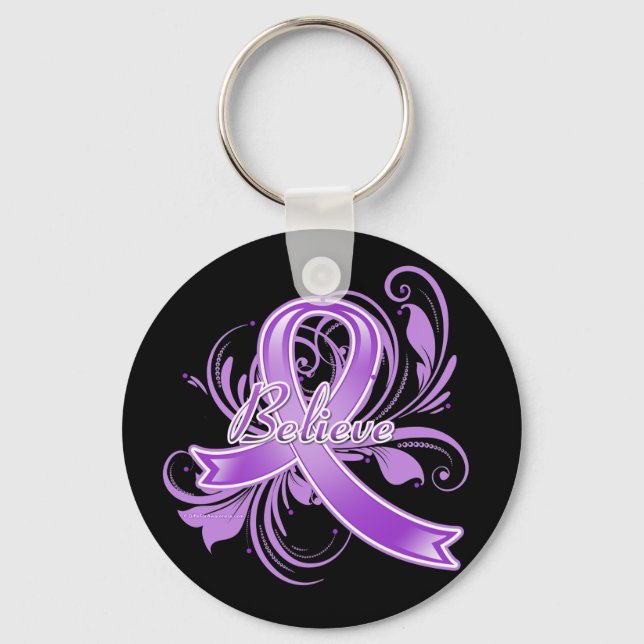 Fibromyalgia Believe Flourish Ribbon Key Ring (Front)
