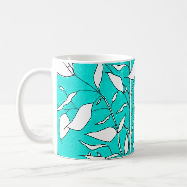 Ficus Tree Plant Line Drawing Blue Background Coffee Mug (Left)