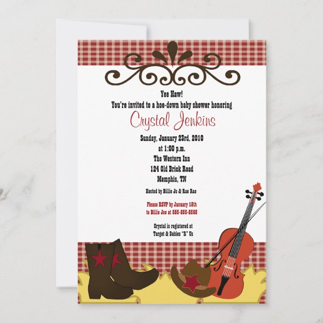 Fiddle, Hat & Boots 5x7 Baby Shower Invitation (Front)