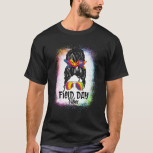 Field Day Vibes Messy Bun Hair Tie Dye Teacher Fie T-Shirt