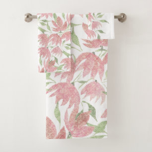 Field Flowers Lace Textured Pink White Bath Towel Set