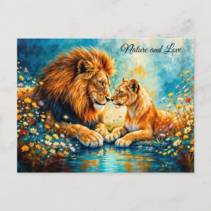 Field flowers Lion Lioness meadow decor Postcard