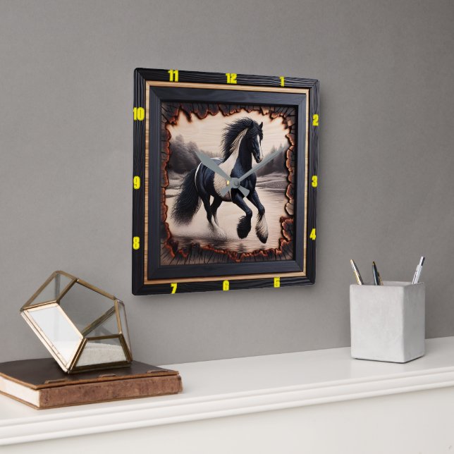 Field Gallop: Charred Wood Gypsy Vanner Square Wall Clock (Office)
