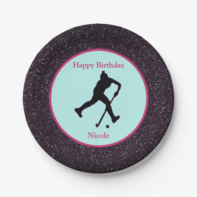 Field Hockey "Happy Birthday" Sparkle Paper Plate (Front)